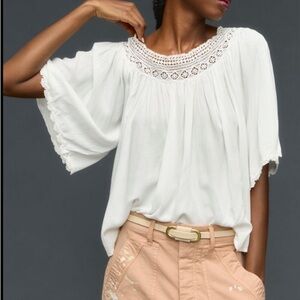 Anthropologie Gauzy Cream Lace Ethereal Cottagecore Boho Flowy Swing Top SZ S